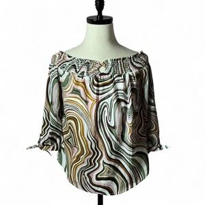 Rue 21 Abstract Print Off Shoulder Top Smocked‎ Neckline Blouse Brown Green Pink
